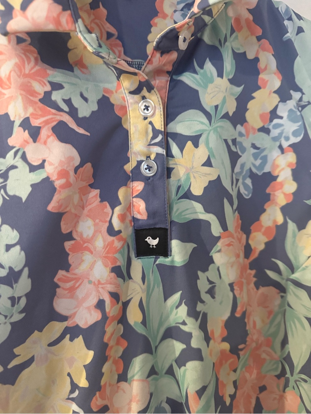 Bad Birdie Women’s Floral Button Polo Shirt - Blue with Pastel Florals